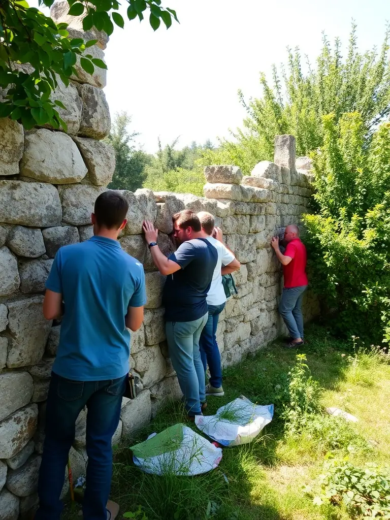 A vibrant photo of volunteers carefully restoring the stone walls of a medieval castle in the Morvan countryside, with scaffolding and conservation tools visible, representing active heritage conservation work.