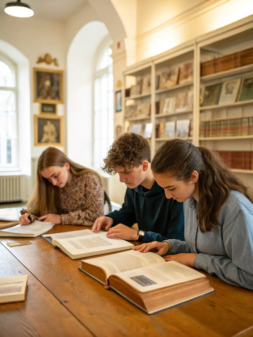 A group of researchers and students examining ancient manuscripts and artifacts in a well-lit study room, surrounded by books and historical documents.