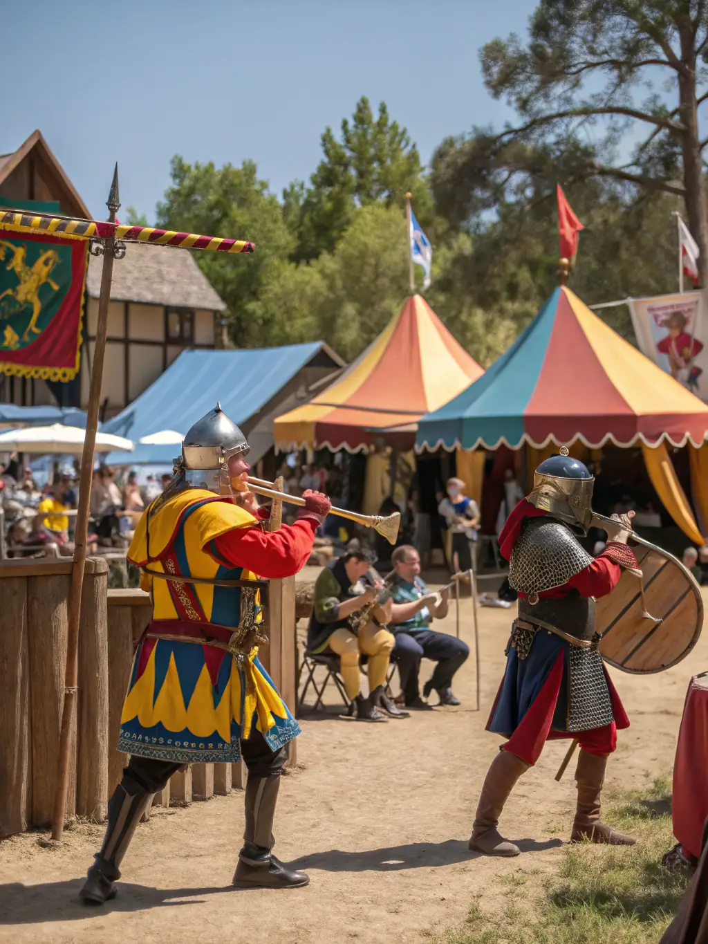 A lively scene of children and adults participating in a medieval reenactment festival, with period costumes, banners, and traditional music in a village square.