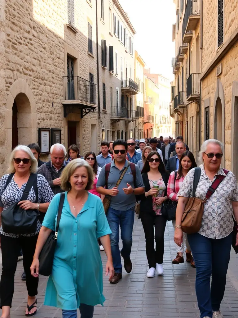 A guided walking tour group exploring a scenic Morvan village, with a knowledgeable guide pointing out architectural features and sharing stories from the region’s feudal era.